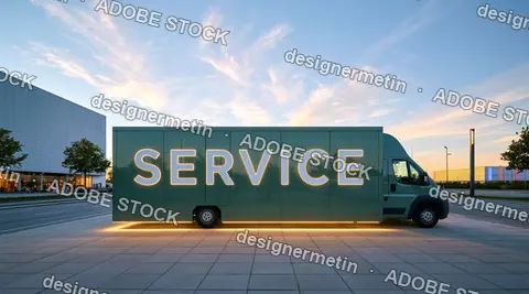 Service Shuttle Truck With Illuminated Service Letters On City Street At Sunset