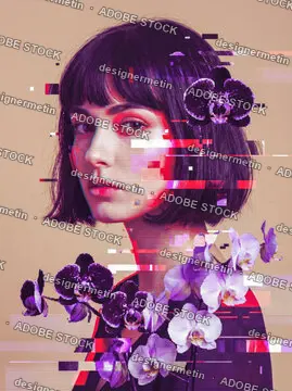 Woman Portrait With Purple Flowers, Glitch Effect And Glowing Abstract Squares