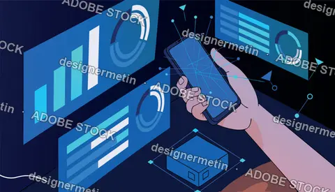 Hand Holding Smartphone With Data Analytics And Charts On A Dark Blue Background Vector
