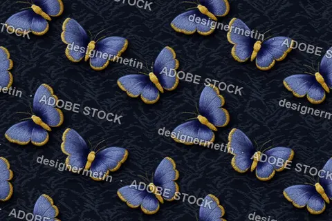 Seamless Blue And Gold Embroidered Butterflies Pattern On Dark Blue Fabric Background