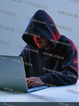 Hooded Hacker Typing On Laptop With Dim Blue Lighting And Focused Expression