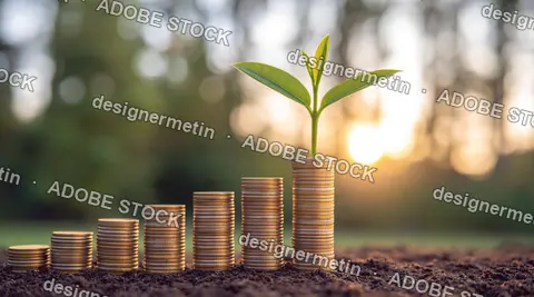 Green Sprout Growing From Stacked Coins With Sunlit Park Background, Saving Concept