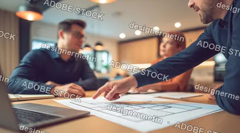 Architect Team Discussing Blueprints At Table In Modern Office Under Warm Lighting