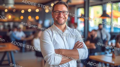 Smiling Businessman In White Shirt With Arms Crossed, Cozy Cafe Background With Bokeh