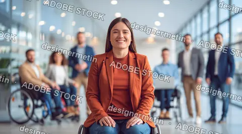 Smiling Woman In Wheelchair Wearing Orange Blazer In Bright Office Lobby With People