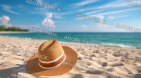 Sun Hat On Sandy Beach With Ocean Waves And Blue Sky Background, Summer Vacation