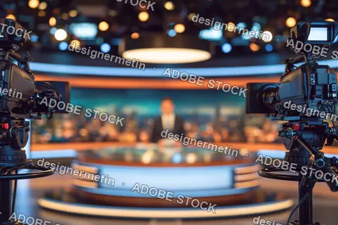 Foreground cameras and a blurred news desk