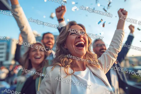 Happy Young Woman Laughing With Friends Celebrating Outdoors, Confetti In Sunlight