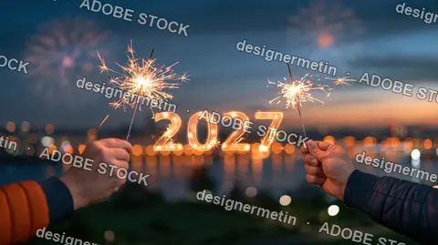 2027 Glowing Numerals With Sparklers Held Over A City Waterfront At Dusk
