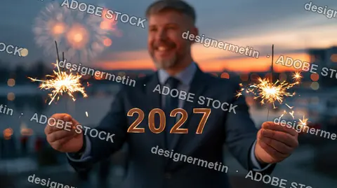 Businessman Holding Sparklers With 2027 Text During Festive Sunset Celebration