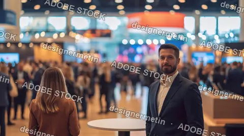Businessman In Suit At Busy Modern Indoor Networking Event With Blurred Crowd