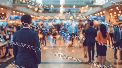 Businessman Observing Digital Globe Network Connections In Busy Office Lobby