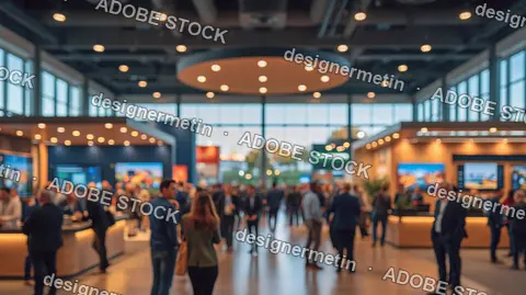 Blurred Crowd Of People Visiting A Business Exhibition In A Modern Convention Hall