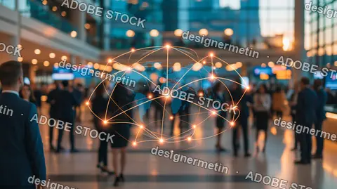 Business Professionals Networking With Glowing Digital Data Connections In Modern Office Lobby