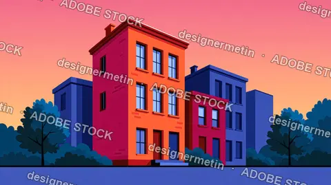 Colorful Urban Apartment Buildings Standing Under A Sunset Sky In A City Neighborhood