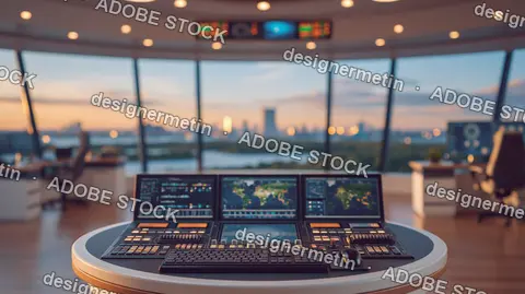 High-Tech Command Center Monitoring Screens In A Modern Office With Sunset City View