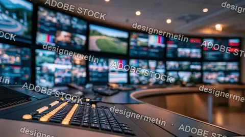 Professional Broadcasting Control Panel Displaying Video Feeds In A Modern Studio