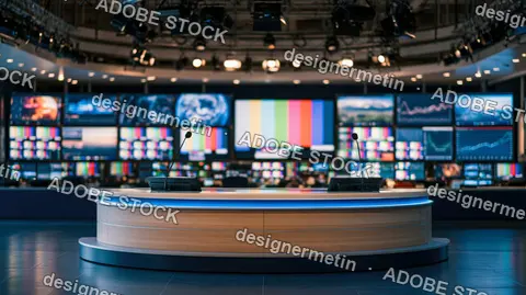 Professional Broadcast Newsroom Interior With Large Desk And Monitor Wall