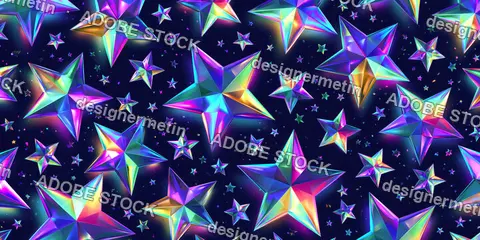 Vibrant Iridescent Holographic Stars Glowing On A Dark Blue Space Background