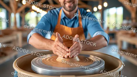 Potter Shaping Clay On A Spinning Wheel In Warmly Lit Artisan Workshop