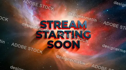 Stream Starting Soon Announcement With Bold Red Text Over Colorful Nebula