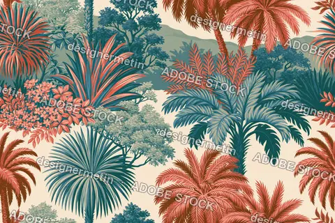 Seamless Tropical Botanical Pattern With Colorful Palms, Agave, And Blossoms