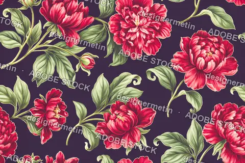 Seamless Red Peony Flowers And Green Leaves Floral Pattern On Dark Purple Background