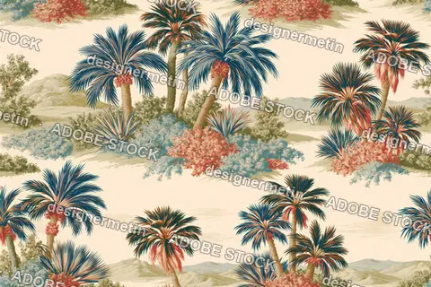 Seamless Vintage Palm Tree And Desert Shrub Landscape Pattern In Soft Colors