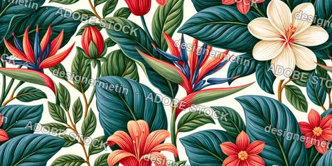 Seamless Tropical Botanical Pattern With Exotic Flowers And Lush Blue Green Leaves