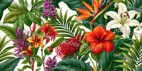 Seamless Tropical Botanical Floral Pattern With Hibiscus Lilies And Exotic Green Foliage
