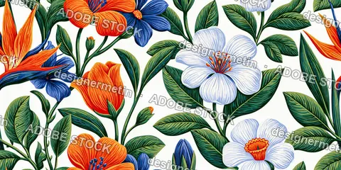 Seamless Tropical Floral Pattern With Colorful Exotic Flowers And Lush Leaves