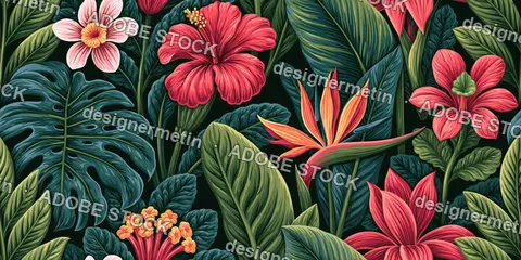 Seamless Tropical Floral Illustration Pattern With Hibiscus Flowers And Exotic Leaves