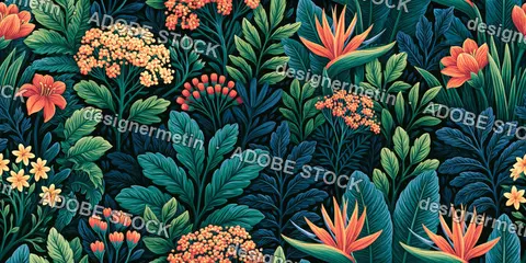 Seamless Tropical Botanical Floral Pattern With Colorful Leaves And Exotic Flowers