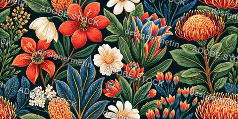 Seamless Vibrant Botanical Floral Pattern With Exotic Flowers And Lush Foliage