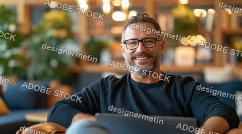 Smiling Mature Man Wearing Glasses Relaxing With Laptop In Cozy Modern Home