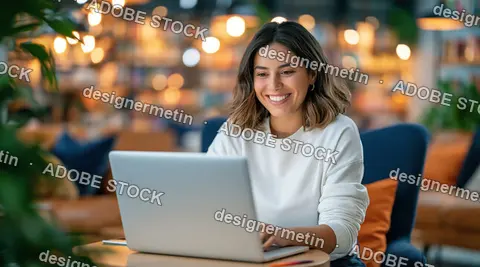 Smiling Woman Working On Laptop In A Cozy Cafe With Warm Evening Lights