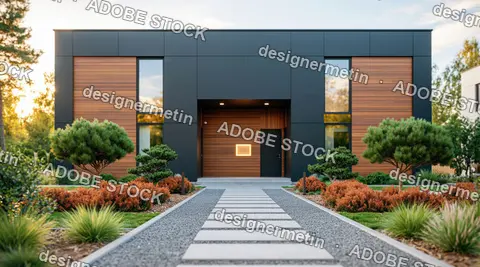 Modern Dark Facade House With Warm Wood Panels And Landscaped Front Walkway