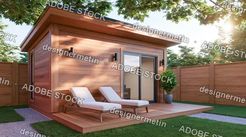 Modern Wooden Backyard Garden Office With Deck And Lounge Chairs In Sunlight