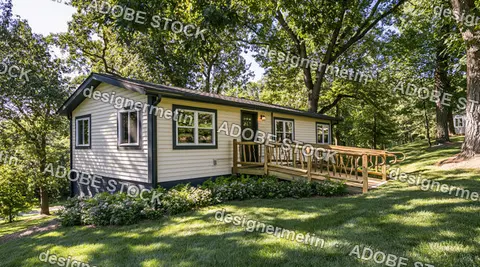 Charming Single Story Cottage With Wooden Ramp And Lush Tree Filled Yard