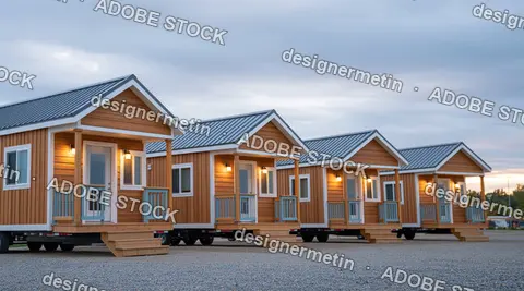 Row Of Compact Wooden Cabins With Metal Roofs At Dusk In Gravel Courtyard