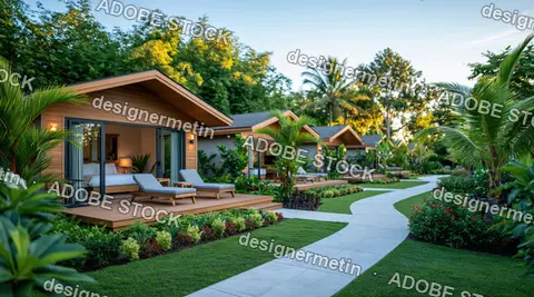 Tropical Garden Resort Villas With Wooden Decks And Curving Walkway At Sunset