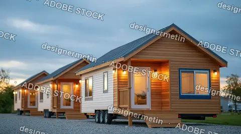 Row Of Modern Wooden Tiny Homes With Warm Lights At Dusk In A Gravel Setting