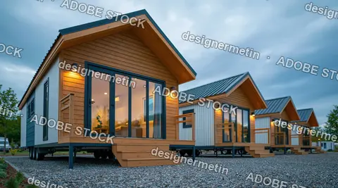 Modern Wooden Tiny Homes With Warm Lights At Dusk In A Gravel Courtyard