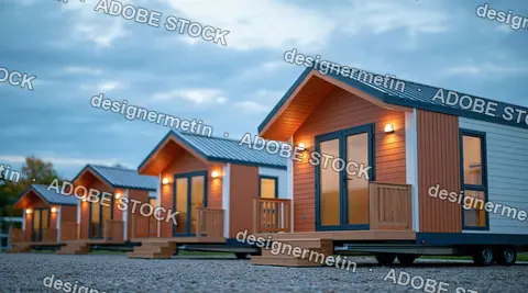 Modern Tiny Wooden Cabins With Blue Metal Roofs At Dusk On Gravel Ground