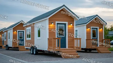 Modern Wooden Tiny Houses With Porches And Trailers In Outdoor Residential Display