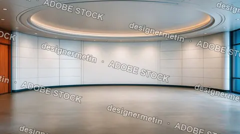 Modern Curved Interior Hall With Empty Polished Floor And Blank White Walls