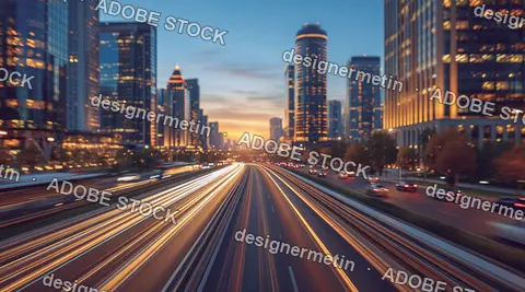 Dusk Highway Traffic Light Trails Between Illuminated Modern City Buildings
