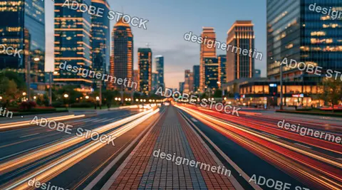 Urban Boulevard With Colorful Light Trails Between Illuminated City Buildings