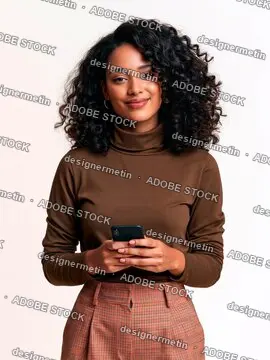 Smiling Woman With Curly Hair Holding Smartphone Against Light Background