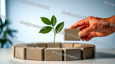 Hand Placing Concrete Block Around Young Green Plant For Sustainable Growth